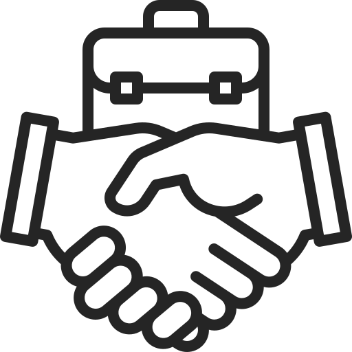 Icono de un apretón de manos con un maletín en el fondo, simbolizando acuerdos o negocios.