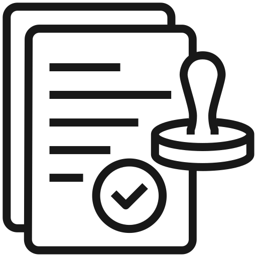Icono de un documento con un sello y una marca de verificación, simbolizando aprobación oficial o validación.